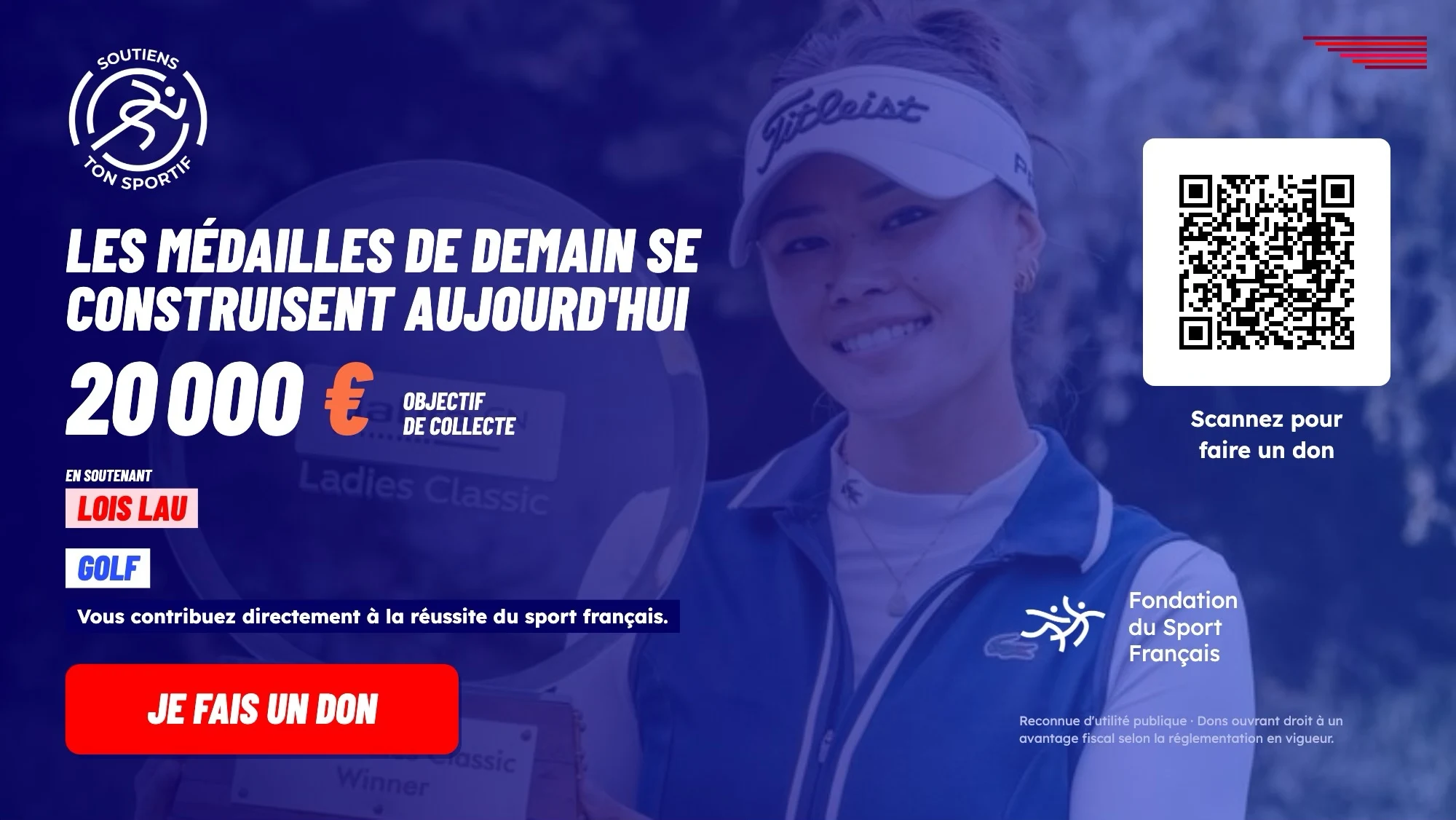 Soutiens ton sportif campaign for Lois Lau: tomorrow’s medals are built today. Fundraising goal of €20,000, with a QR code for donations through the Fondation du Sport Français.
